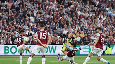 City striker Erling Haaland smashes home his second goal in the 30th minute. Getty Images