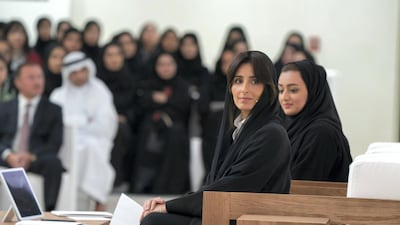 Razan Al Mubarak (C) delivers a lecture titled, ’For The Love of Nature: Innovative Philanthropy for Species Conservation Worldwide’, at Majlis Mohammed bin Zayed. Mohammed Al Hammadi / Crown Prince Court - Abu Dhabi