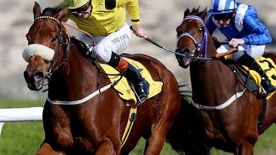 Sholaan, left, will run at Jebel Ali Racecourse on Friday as Gopi Selvaratnam looks for a first landmark win as a trainer. Satish Kumar / The National
