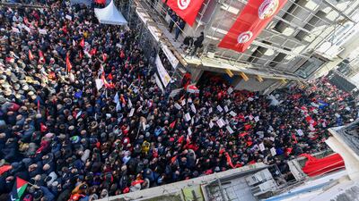 Demonstrators during an anti-government rally called by the UGTT trade union in Tunis, on Saturday. AFP