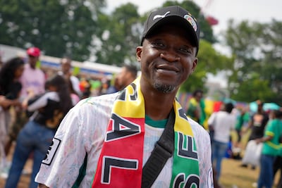 Senegal fan Ahmadou celebrates after the 5-0 defeat against Iraq in Toronto on June 26, 2026. Joshua Longmore / The National