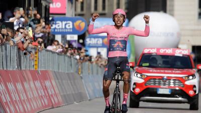 Egan Bernal celebrates as he completes the final stage to win the Giro d'Italia in Milan on Sunday, May 30, 2021. AP