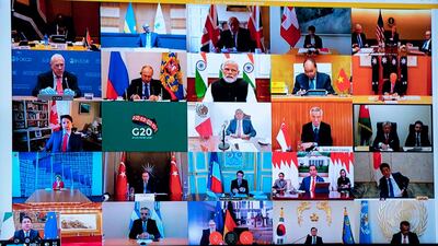 The G20 leaders' virtual meeting in March. The group' finance chiefs on Wednesday agreed to suspend debt payments from the world's poorest nations struggling to deal with the coronavirus fallout. EPA