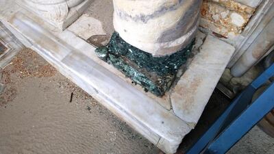 A detail of the base of a column in the Basilica of San Marco, damaged by last week's flooding in Venice last week. Emilano Crespi / EPA