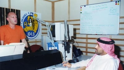 Channel4 FM presenter Jonathan Miles on air during his drivetime show at the station at some time between 1998 and 2001.