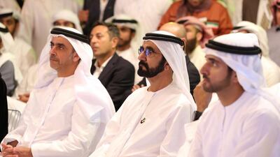 Sheikh Saif bin Zayed, Sheikh Mohammed bin Rashid and Sheikh Hamdan bin Mohammed attend the Arab Social Media Influencers Awards at Dubai World Trade Centre. Wam