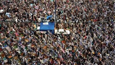 A general view shows thousands of Yemeni anti-government protesters taking part in a protest demanding the ousting of Yemeni President Ali Abdullah Saleh.