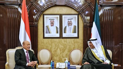 Kuwaiti Prime Minister Sheikh Sabah Al Khalid Al Sabah (R) meets Rashad Al Alimi, President of Yemen's new leadership council, in Kuwait City. Kuna