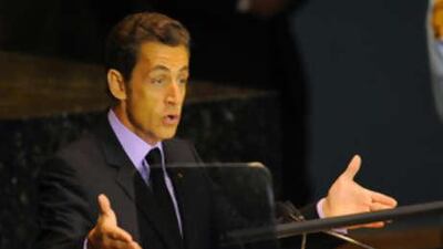 French president Nicolas Sarkozy addresses the 63rd session of the United Nations General Assembly at the United Nations in New York on Sept 23 2008.