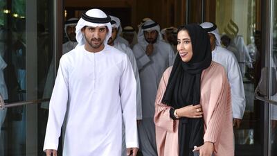 Sheikh Hamdan bin Mohammed, Crown Prince of Dubai, and Mona Al Marri, chief executive of the Dubai Media Office, tour Media Walk, which will host several activities throughout the two-day Arab Media Forum, that opened in Dubai on Monday. Wam