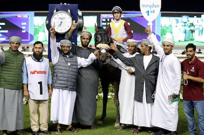 Rasi, ridden by Harry Bentley, wins the Mazrat Al Ruwayah during the Dubai World Cup Carnival at Meydan. Chris Whiteoak / The National