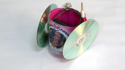 A robot created from old CD's and a Baskin-Robbins tumbler. Satish Kumar / The National
