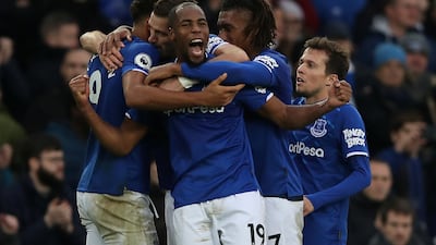 Everton's Djibril Sidibe and teammates celebrate after the match. Reuters