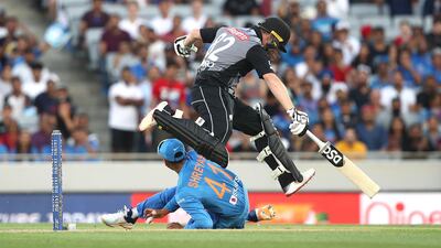 New Zealand batsman Colin Munro leaps over Shreyas Iyer. Getty