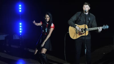 Nicole Scherzinger and James Arthur at the UK's Middlesbrough Town Hall as 'The X Factor' winner returned to play a free homecoming gig. Getty Images