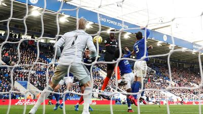 Chelsea's Antonio Rudiger scores their first goal at Leicester City. Reuters