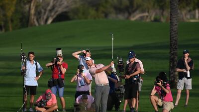Justin Harding hits his third shot on the 18th hole during day three of the Slync.io Dubai Desert Classic at Emirates Golf Club. Getty