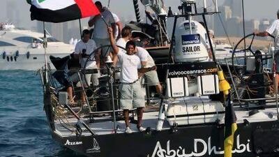 Adil Khalid, an Emirati crew member of Abu Dhabi Ocean Racing Team, greets supporters in the capital.