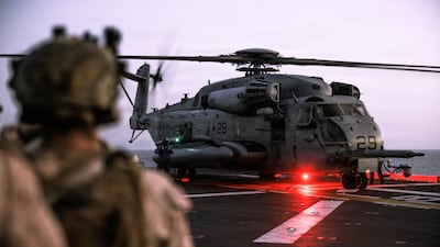 A US military helicopter in the Arabian Sea. American forces have carried out renewed attacks on Iran. Photo: Centcom