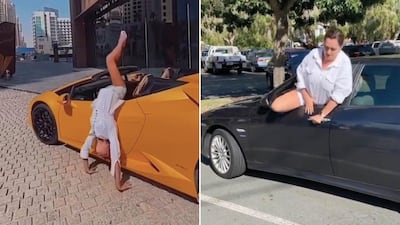 Left: Russian influencer Adelina Lazarova flipping out of a Lamborghini. Right: Australian comic Celeste Barber's spoof version. Instagram
