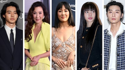 From left, Japanese actor Kento Yamazaki; Malaysian actress Michelle Yeoh; American actress Constance Wu; Thai singer Lisa of Blackpink; and South Korean actor Park Seo-joon. Photos: Getty, AP, AFP