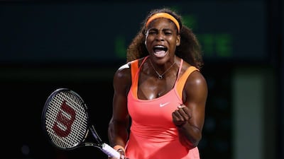 Serena Williams celebrates winning a point during her Miami Open semi-final clash with Simona Halep. Clive Brunskill / Getty