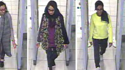 CCTV images issued by the Metropolitan Police in London on February 23, 2015, showing (from left) Kadiza Sultana, 16, Shamima Begum, 15, and and Amira Abase, 15, going through security at Gatwick airport, before they caught their flight to Turkey. Metropolitan Police/AP Photo