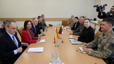 Spanish Defence Minister Margarita Robles and Lithuanian Defence Minister Dovile Sakaliene at Siauliai airbase on Wednesday. Reuters