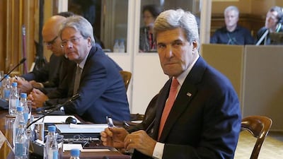 US Secretary of State John Kerry, attends a meeting at the Foreign Office in London aimed at breaking Libya's political stalemate and resolve its acute cash shortage. (Peter Nicholls/Pool via AP)