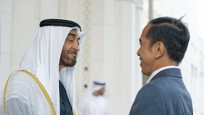 The UAE has had strong diplomatic relations with Indonesia since 1976. Here Sheikh Mohamed bin Zayed receives Joko Widodo, the president of Indonesia upon his arrival at Qasr Al Watan. Courtesy Mohamed Al Hammadi / Ministry of Presidential Affairs