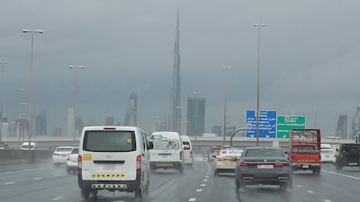 Traffic during the rain on Al Khail Road in Dubai. Pawan Singh / The National