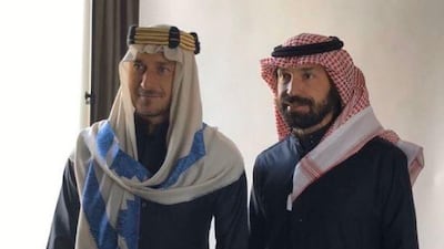 Francesco Totti and Andrea Pirlo in Saudi national dress. Courtesy Yasser Al Qahtani Snapchat.