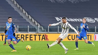 Cristiano Ronaldo scores his second goal for Juve in their Serie A win over Udinese. EPA