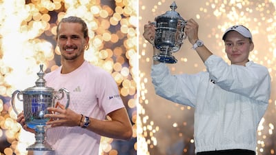 Alexander Zverev and Elena Rybakina with their US Open trophies. AFP