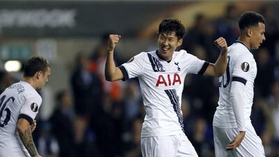 Tottenham Hotspur's South Korean striker Son Heung-min celebrates scoring in their Europa League victory on Thursday night. Ian Kington / AFP / September 17, 2015
