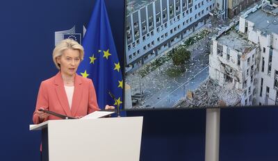 European Commission President Ursula von der Leyen delivers a speech following the latest Russian attacks on Kyiv. EPA