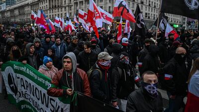 Members of far-right associations shout slogans as they take part in the Independence Day march in Warsaw. Getty Images