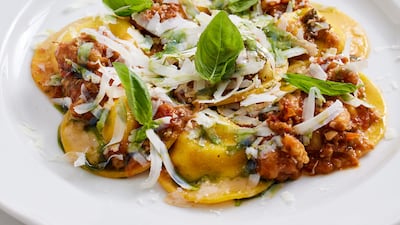 Tortelloni alla norma (Dh95), ricotta ravioli with aubergine in a tomato sauce. Photo: Cala Vista