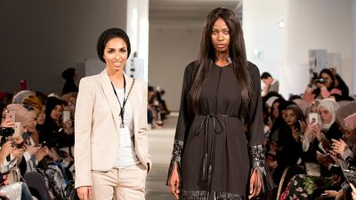 Emirati designer Sara Al Madani, left, opened London Modest Fashion Week on Saturday with her leather-adorned abayas. Courtesy Nimz Chana.