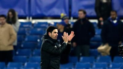 Arsenal coach Mikel Arteta applauds supporters at the end of the game. AP