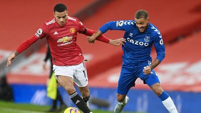Mason Greenwood under pressure from Everton's Joshua King during United's 3-3 Premier League draw at the Old Trafford on February 6. AP