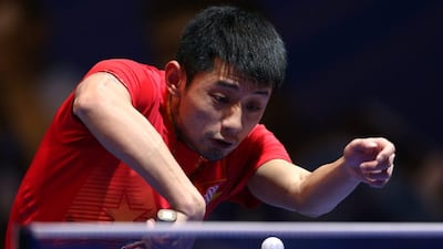 Zhang Jike of China in action against Lee Sangsu of Korea during Day 1 of the 2016 Table Tennis Asian Cup at Dubai World Trade Centre on April 28, 2016 in Dubai. (Photo by Warren Little/Getty Images)