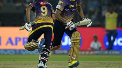 A 110-run partnership between Yusuf Pathan, right, and Manish Pandey, left, led Kolkata to victory over Delhi. Chandan Khanna / AFP