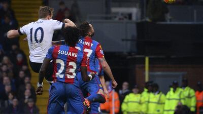 Harry Kane of Spurs heads in the team’s equalising 1-1 goal against Crystal Palace on Saturday. Glyn Kirk / AFP