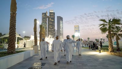 Sheikh Mohamed bin Zayed and Mohammed Al Mubarak visit A'l Bahar. Mohamed Al Hammadi / Ministry of Presidential Affairs