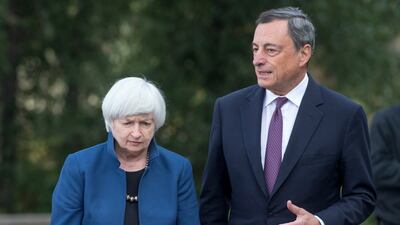 Janet Yellen, at the time chairwoman of board of governors of the Federal Reserve System and Mario Draghi, at the time president of the European Central Bank, at Jackson Hole in 2017. Bloomberg