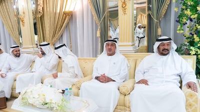 HH Sheikh Khalifa bin Zayed Al Nahyan, receives a number of guests including HH Major General Sheikh Khaled bin Mohamed bin Zayed Al Nahyan, Deputy National Security Adviser (4th R) and HH Sheikh Theyab bin Mohamed bin Zayed Al Nahyan, Chairman of the Department of Transport, and Abu Dhabi Executive Council Member (5th R), at the President's Palace in Al Bateen.