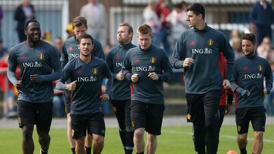 From left: Romelu Lukaku, Eden Hazard, Kevin de Bruyne and Thibaut Courtois all have a Chelsea connection, with the first two discarded by the Premier League club. Laurent Dubrule / EPA
