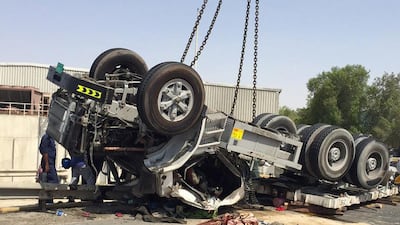 One person was killed in an accident in Jebel Ali, Dubai on Friday when this lorry overturned. There were three major accidents over Eid Al Fitr. Courtesy Dubai Police