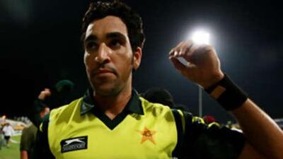 The Pakistan bowler Umer Gul celebrates after helping his side win the second one-day international against the West Indies in Abu Dhabi. Pakistan win the series with just one game left to play.